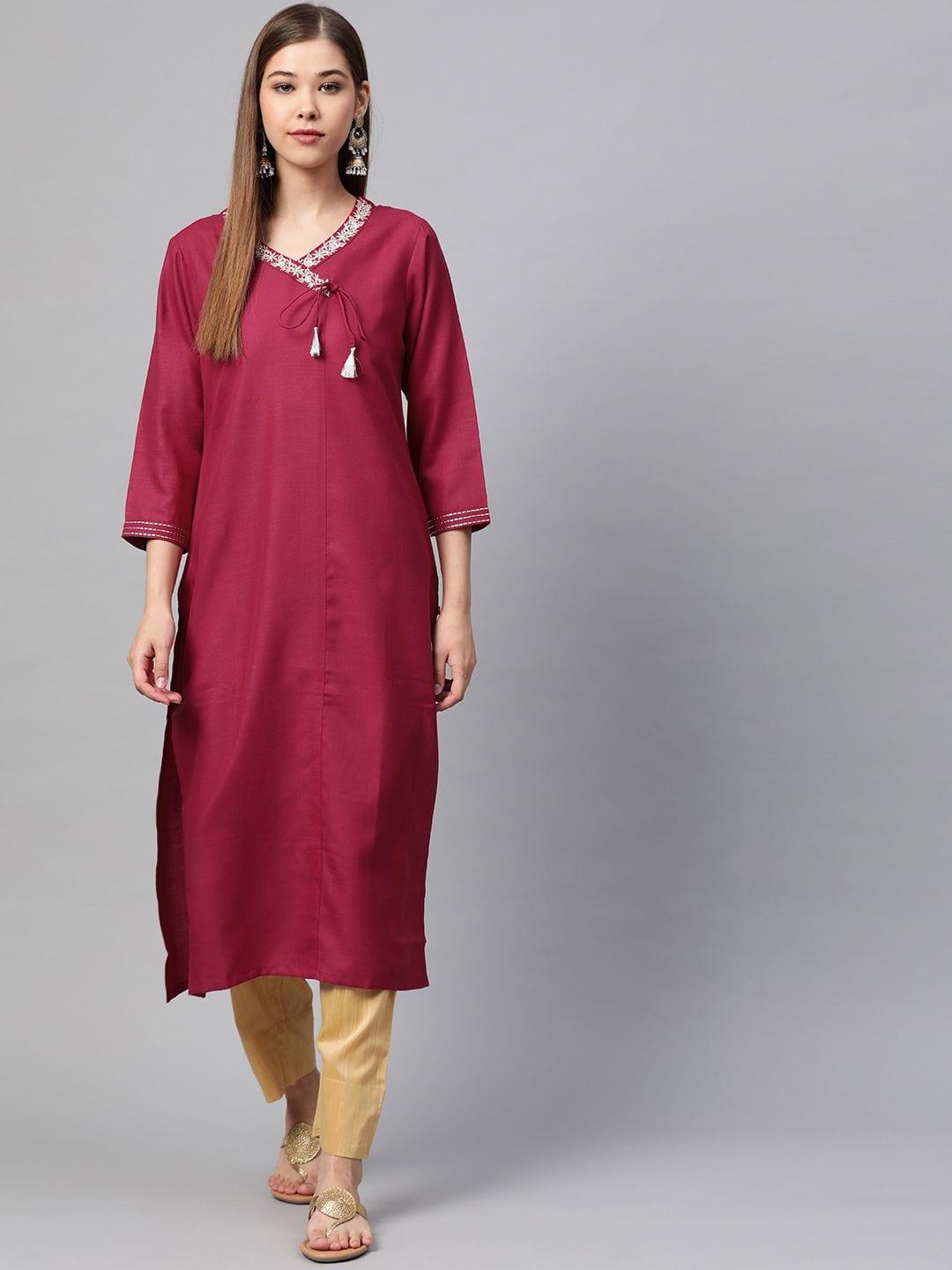 Women Magenta Embroidered Straight Kurta - Indiakreations