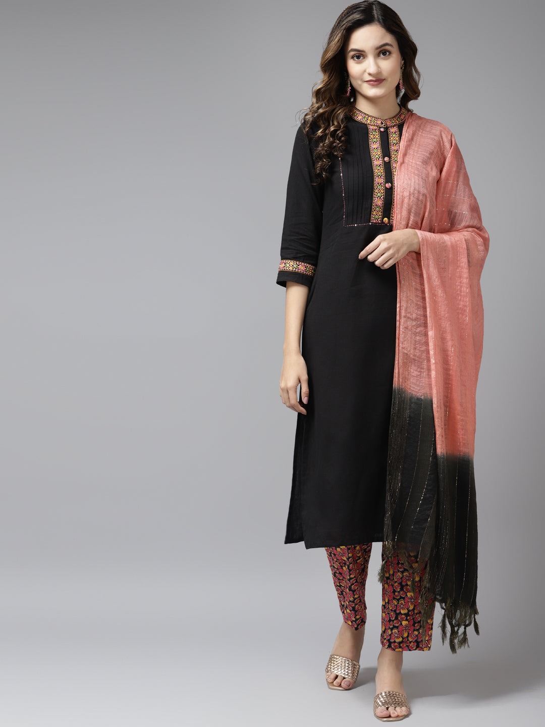 Women's Black Kantha Work Pure Cotton Kurta With Trousers & With Dupatta - Yufta