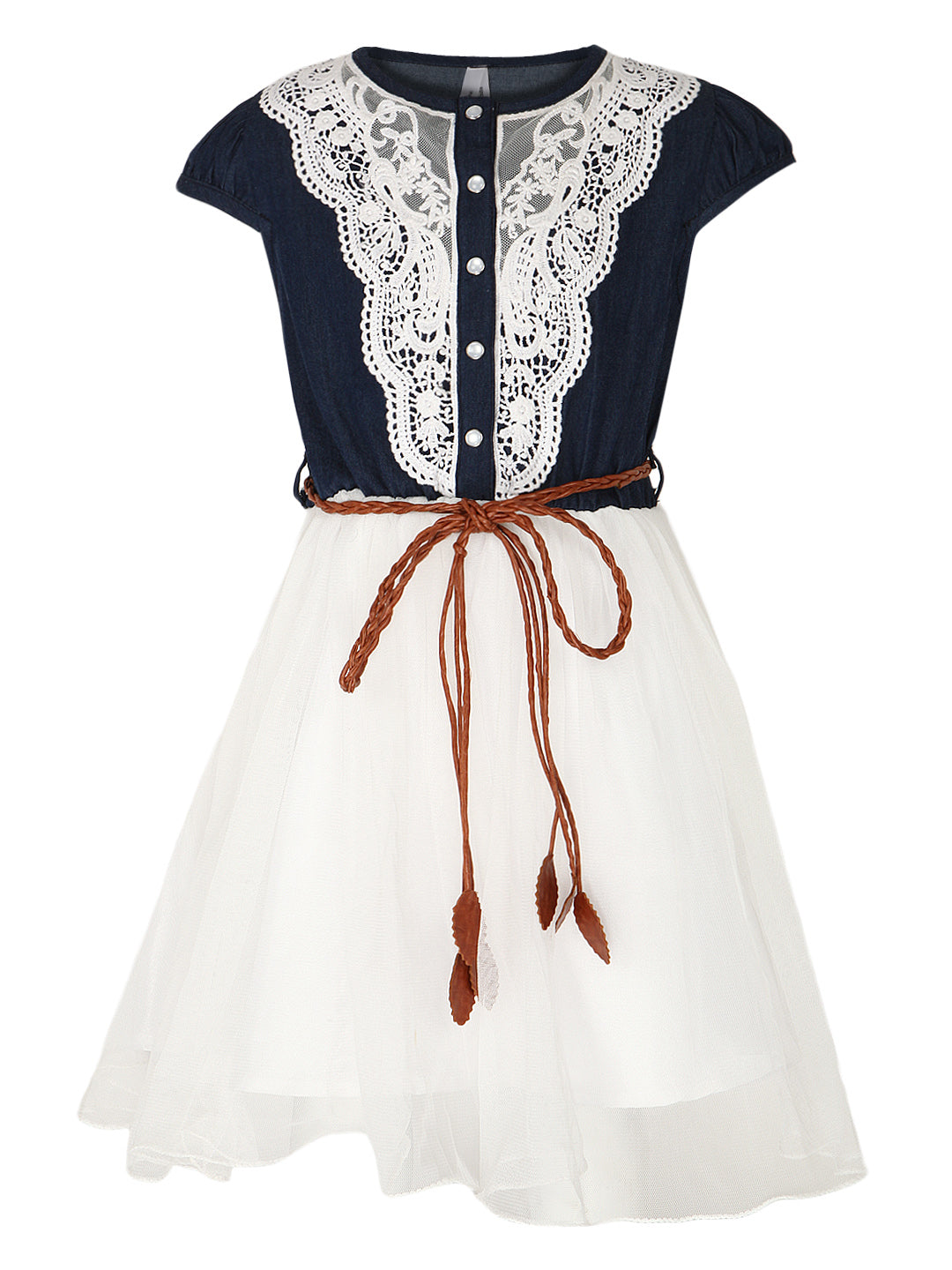 Girl's  Crochet Denim And Net Dress With Belt - StyleStone Kid