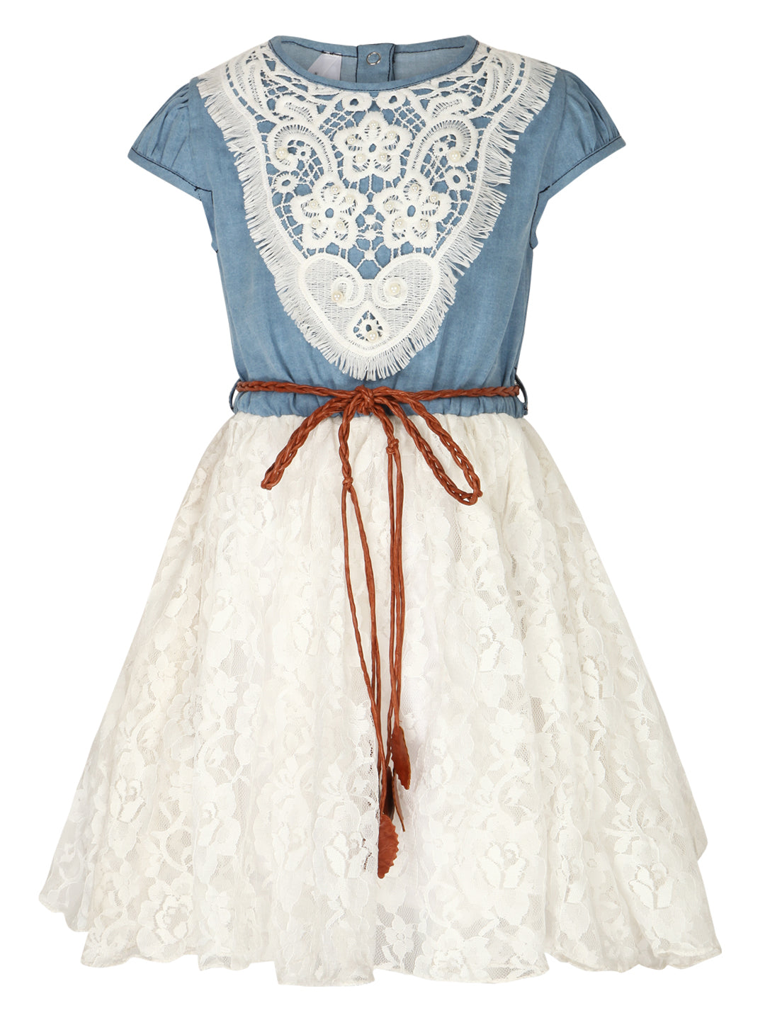 Girl's  Crochet Denim And Net Dress With Belt - StyleStone Kid