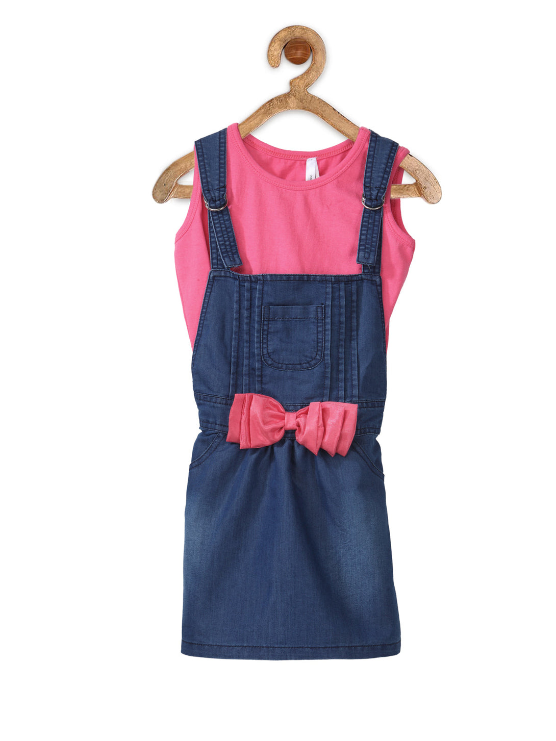 Girl's  Denim Pink Bow Dungaree Dress With Fuschia Sleeveless Top - StyleStone Kid