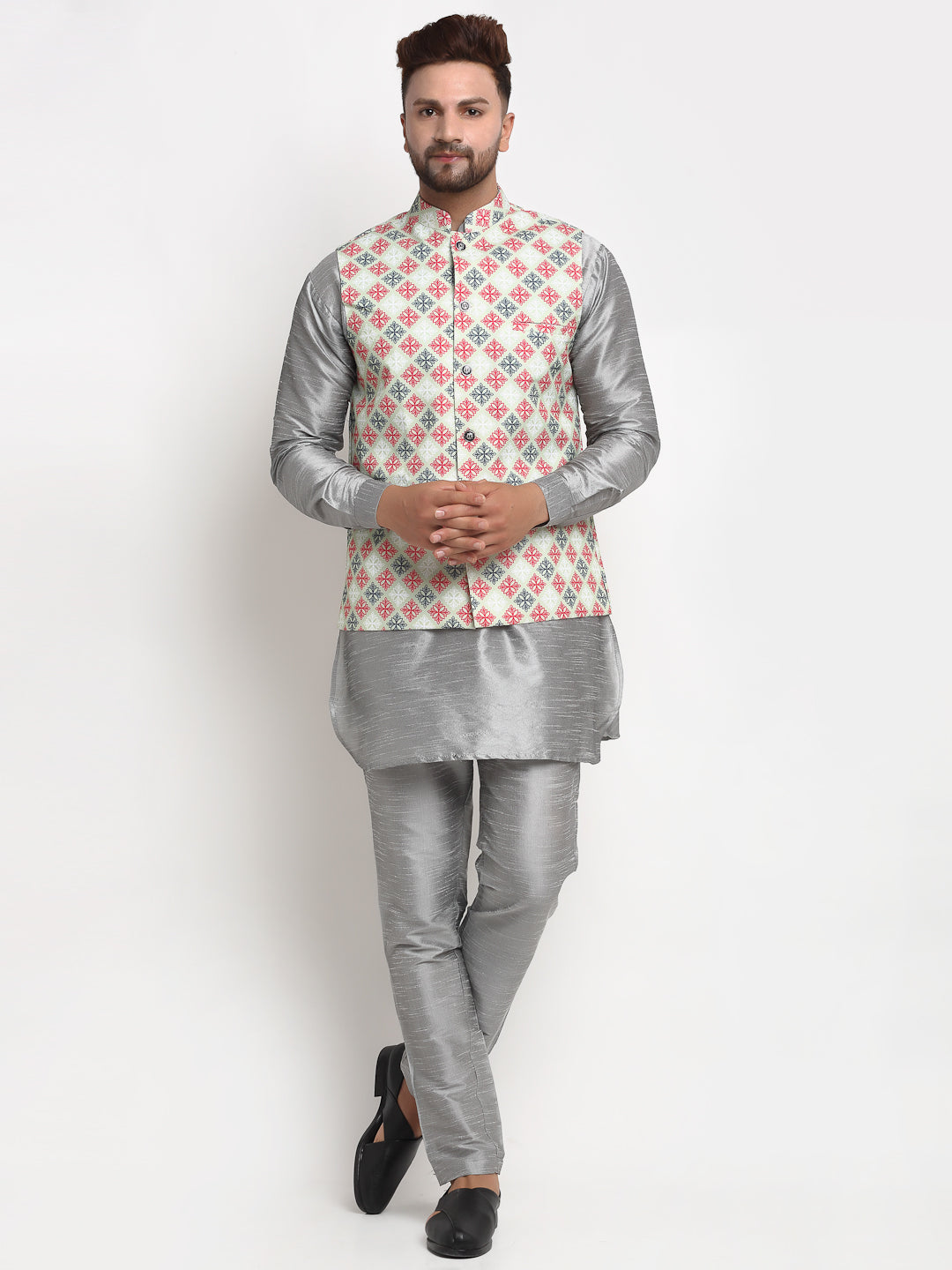 Men's Silk Blend Grey Kurta With Pyjama & Green Printed Nehru Jacket - Benstoke