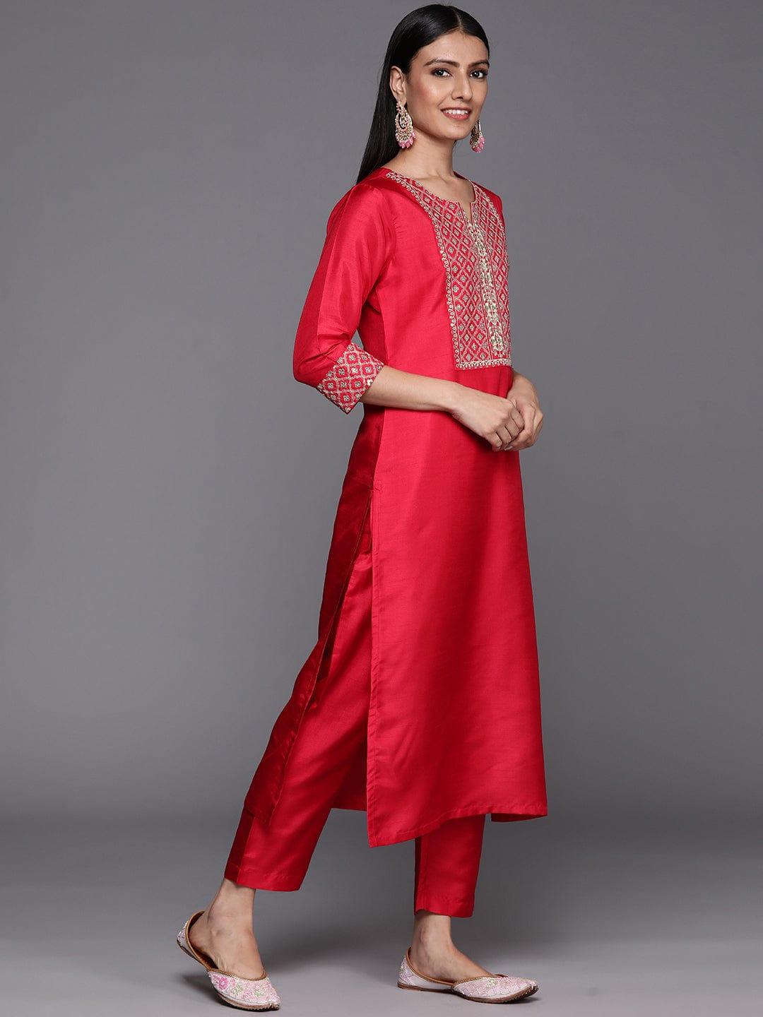 Varanga Women Pink Ethnic Motifs Embroidered Sequinned Kurta with Trousers & With Dupatta - Indiakreations