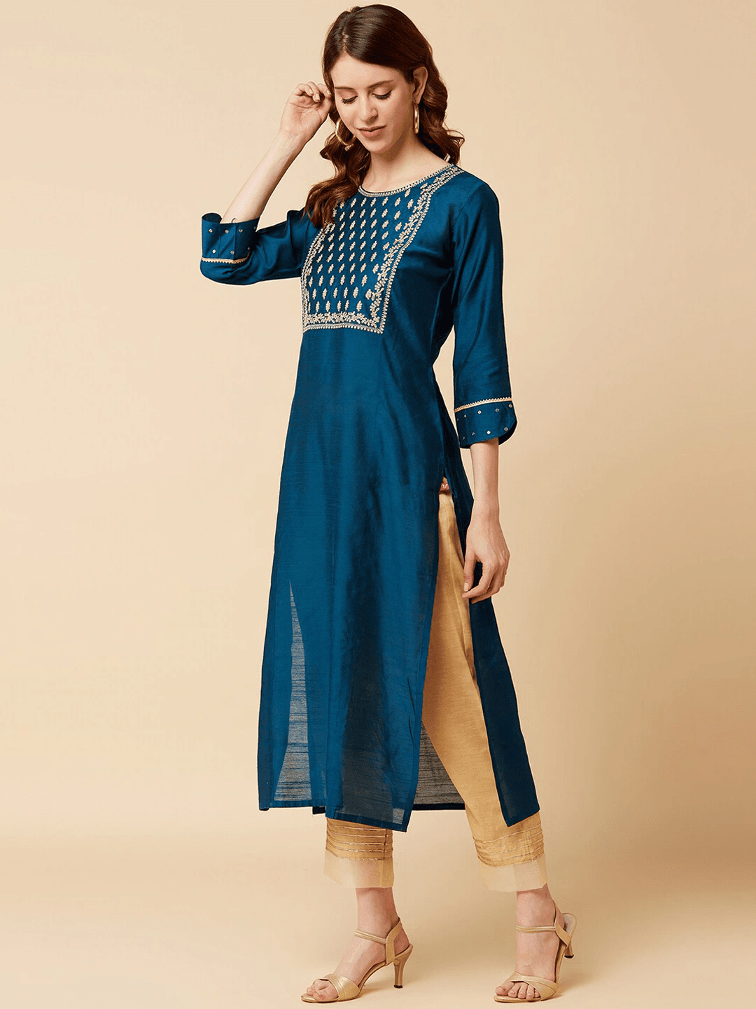 Teal Blue Yoke Design Thread Work Kurta - Indiakreations