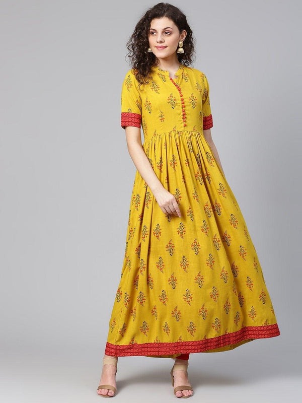 Women's Mustard Yellow & Red Printed A-Line Kurta - Meeranshi - Indiakreations