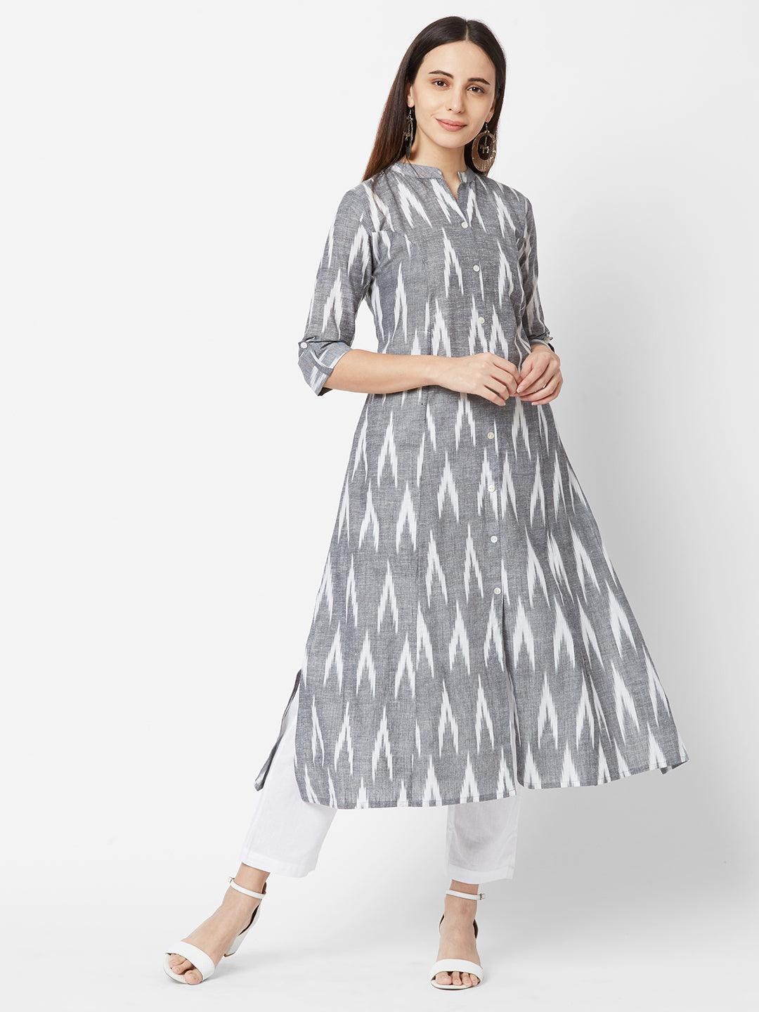 Ikkat Printed Princess Cut Cotton Kurta – Grey - Indiakreations