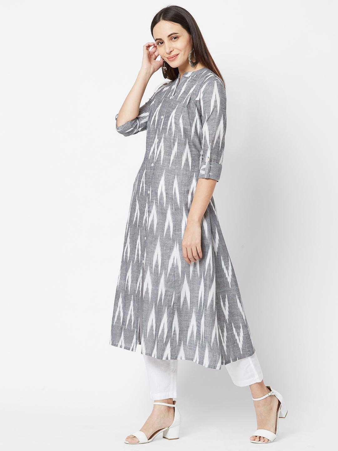 Ikkat Printed Princess Cut Cotton Kurta – Grey - Indiakreations