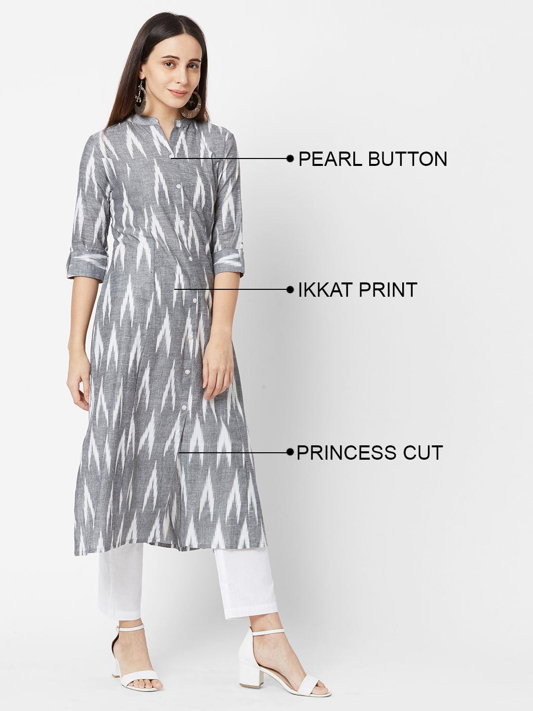 Ikkat Printed Princess Cut Cotton Kurta – Grey - Indiakreations