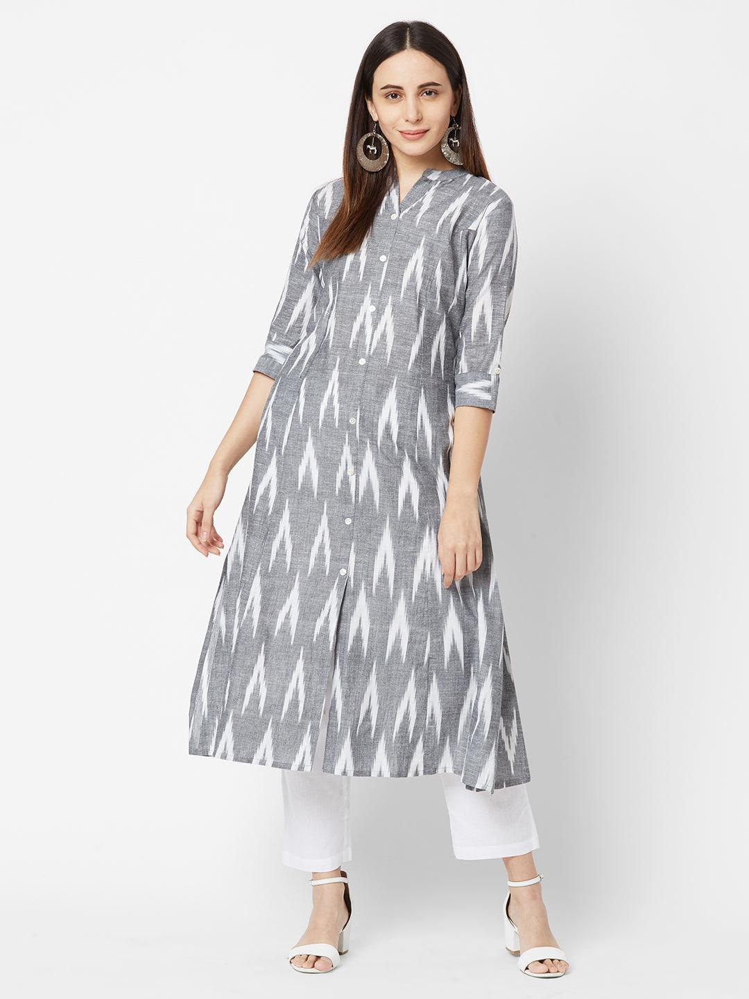 Ikkat Printed Princess Cut Cotton Kurta – Grey - Indiakreations