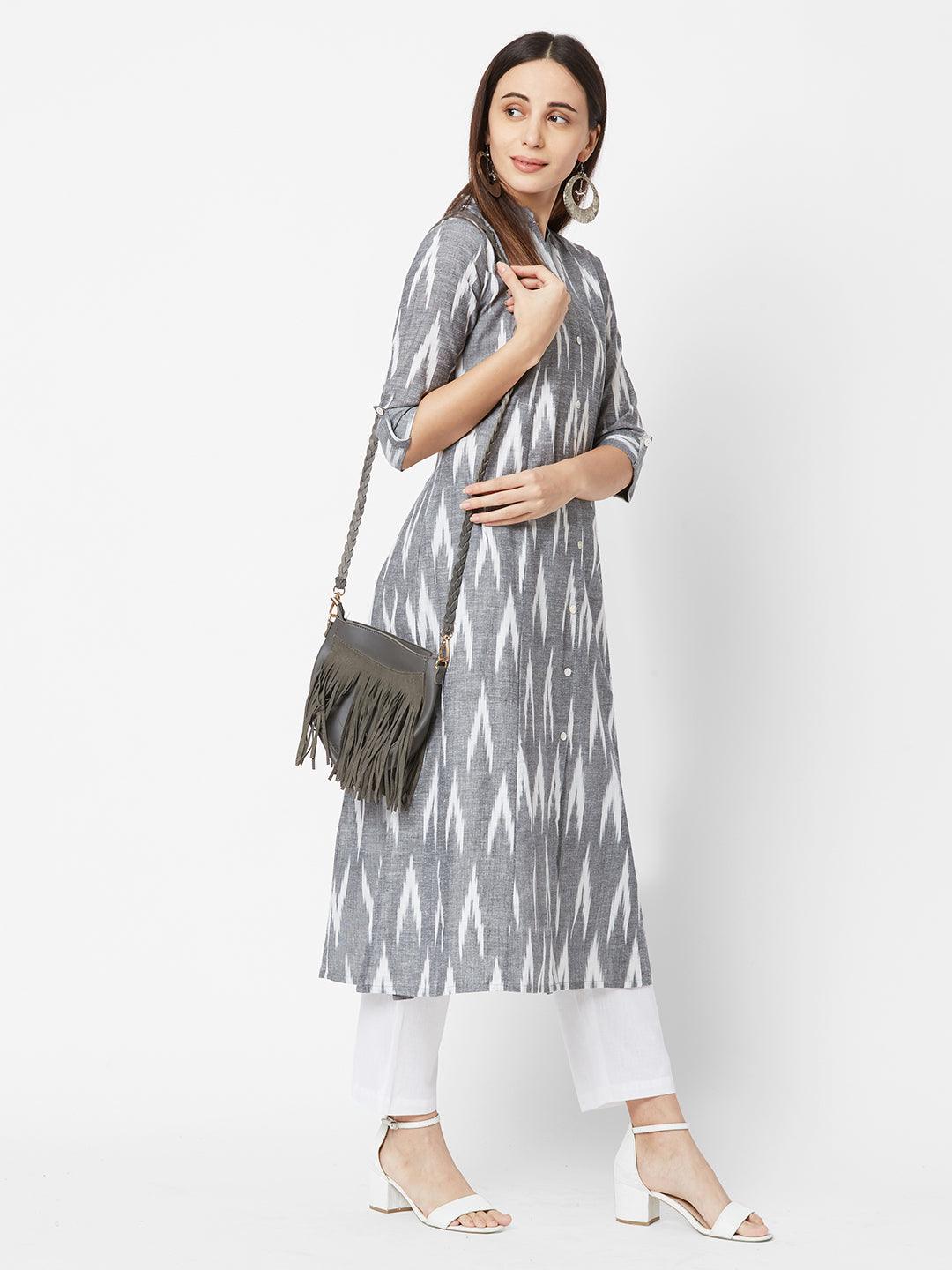 Ikkat Printed Princess Cut Cotton Kurta – Grey - Indiakreations