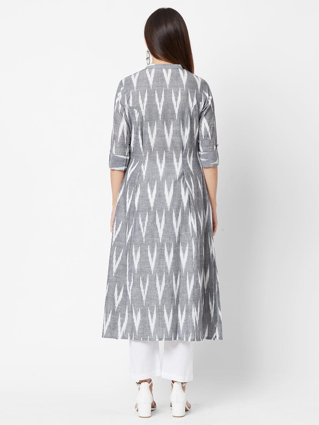 Ikkat Printed Princess Cut Cotton Kurta – Grey - Indiakreations