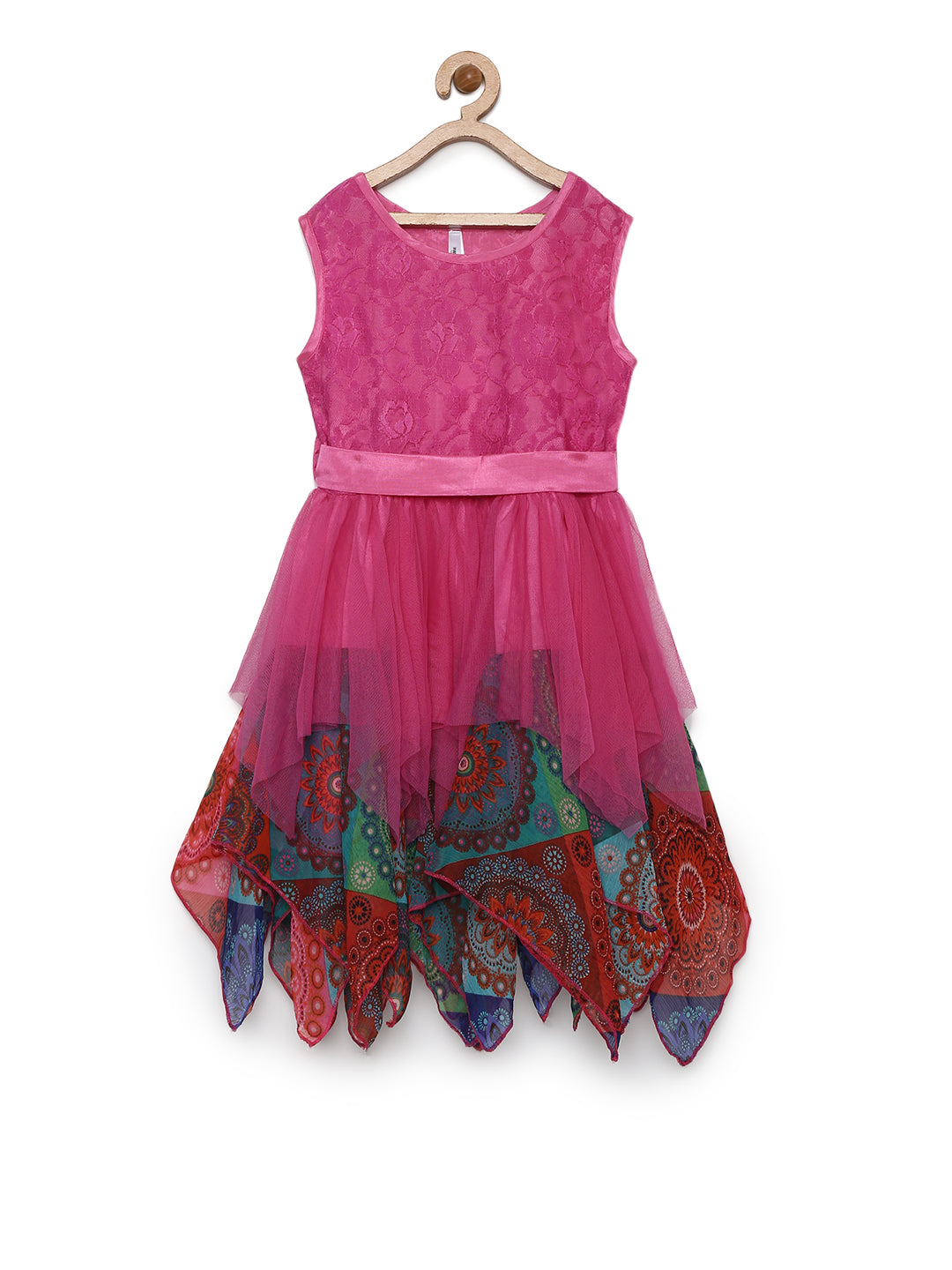 Girl's  Fuschia Printed Asymetrical Hemline Dress - StyleStone Kid