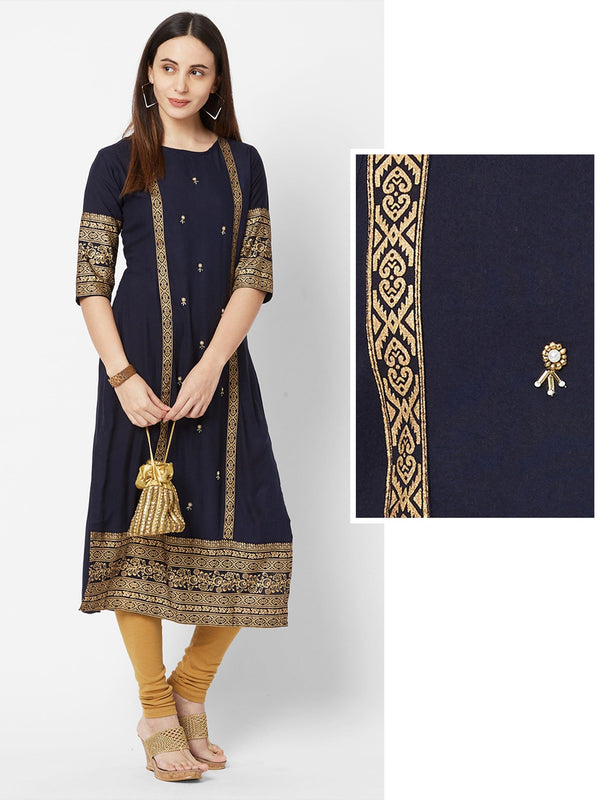 Cutdana & Bead work Embellished Foil Printed Kurta – Navy Blue - Indiakreations