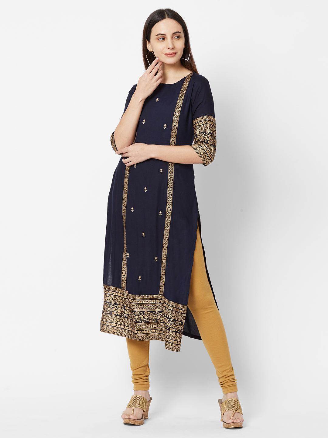 Cutdana & Bead work Embellished Foil Printed Kurta – Navy Blue - Indiakreations