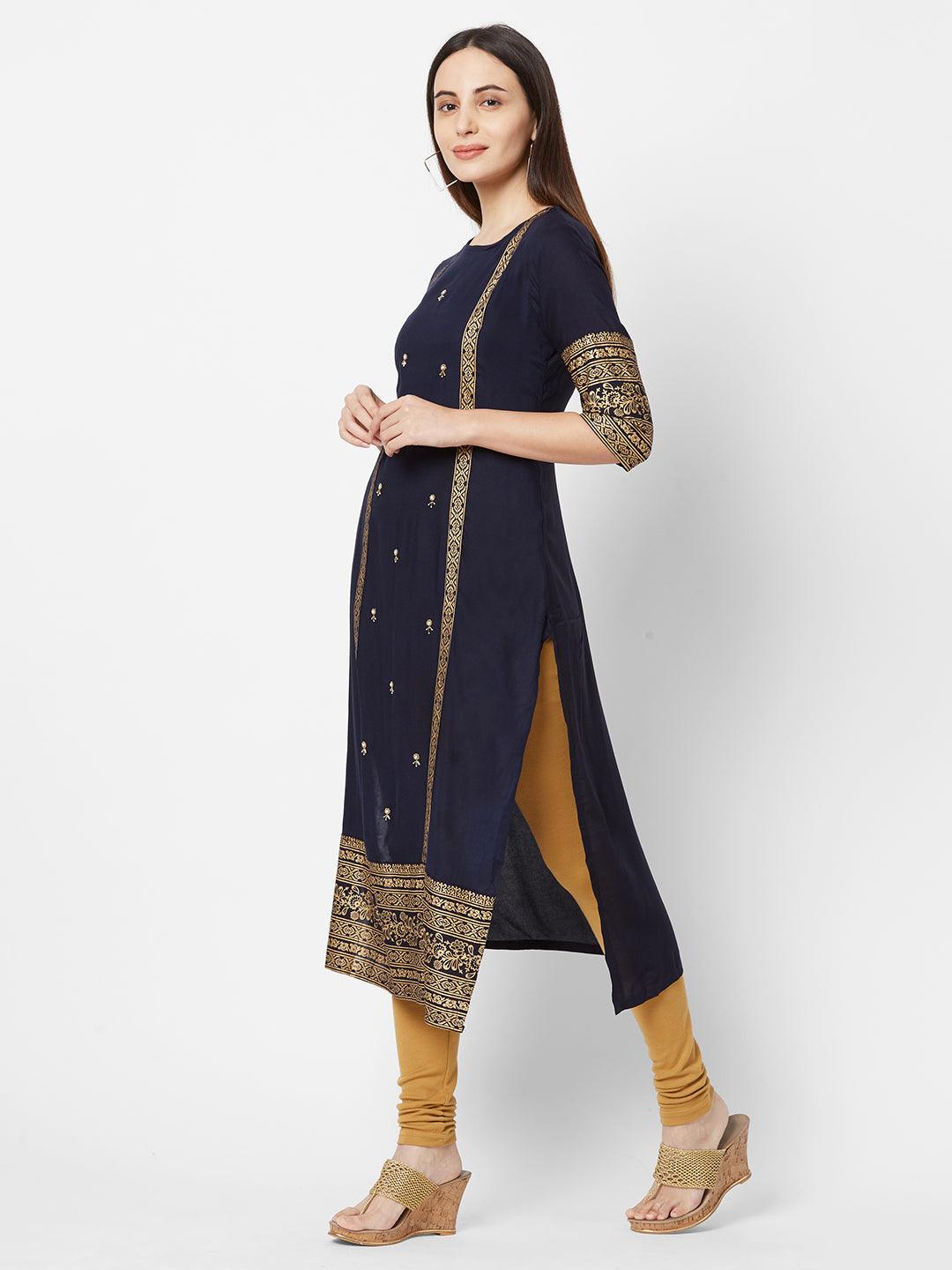 Cutdana & Bead work Embellished Foil Printed Kurta – Navy Blue - Indiakreations