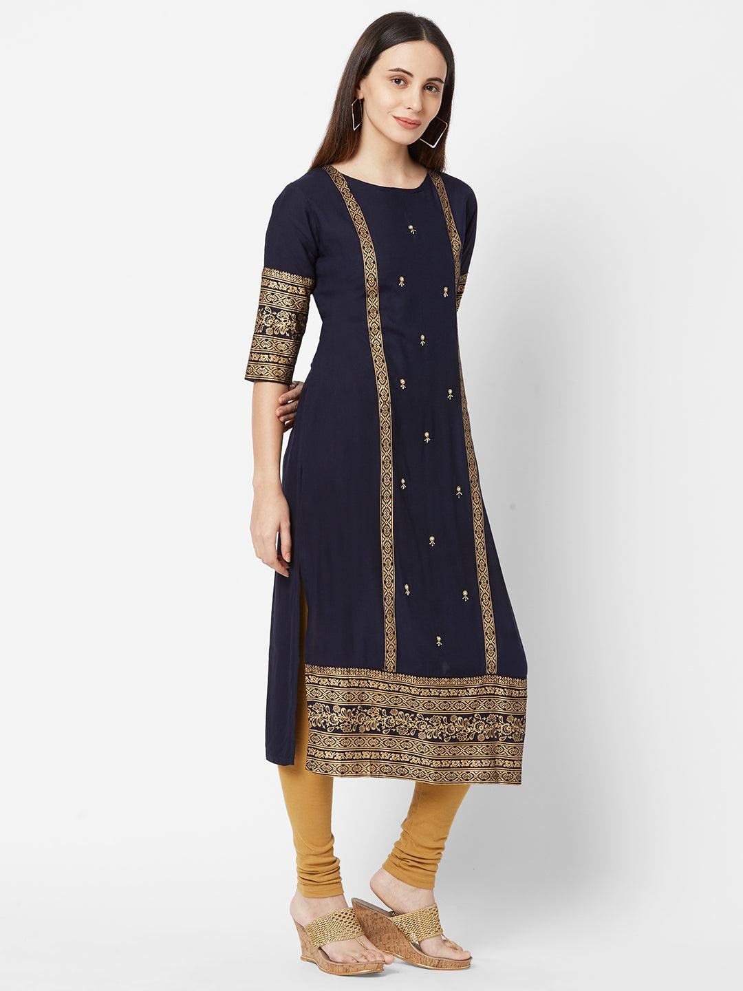 Cutdana & Bead work Embellished Foil Printed Kurta – Navy Blue - Indiakreations