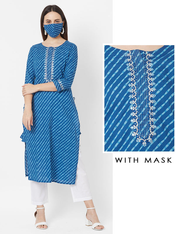 Leheriya Printed & Mirror worked Cotton Kurta with Mask – Indigo Blue - Indiakreations