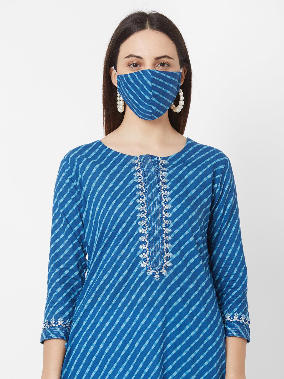 Leheriya Printed & Mirror worked Cotton Kurta with Mask – Indigo Blue - Indiakreations