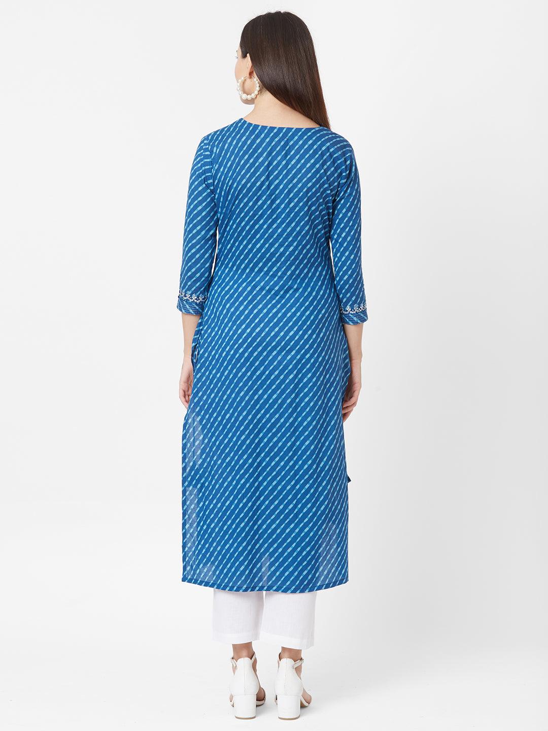 Leheriya Printed & Mirror worked Cotton Kurta with Mask – Indigo Blue - Indiakreations