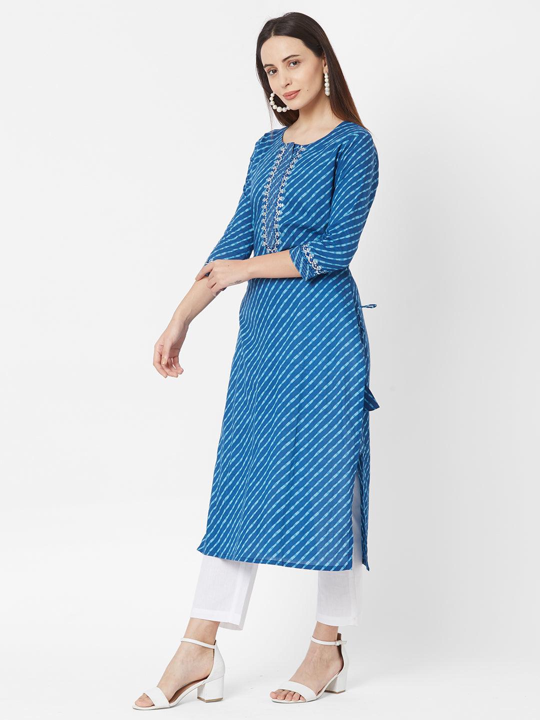 Leheriya Printed & Mirror worked Cotton Kurta with Mask – Indigo Blue - Indiakreations