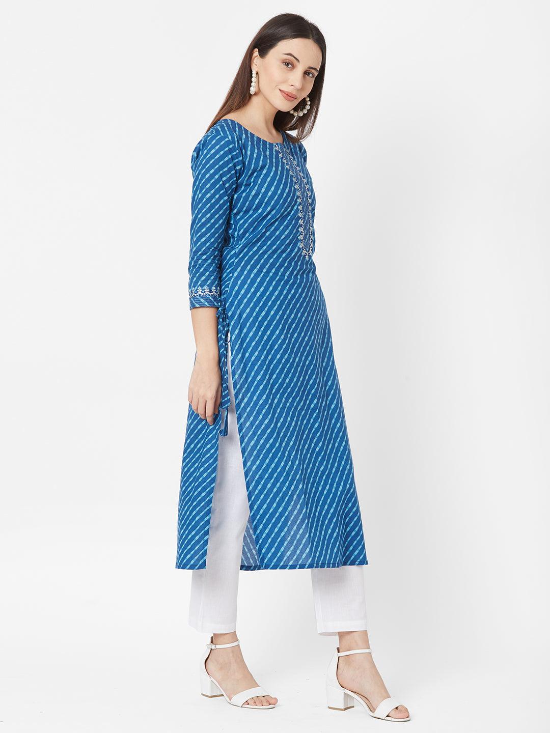 Leheriya Printed & Mirror worked Cotton Kurta with Mask – Indigo Blue - Indiakreations