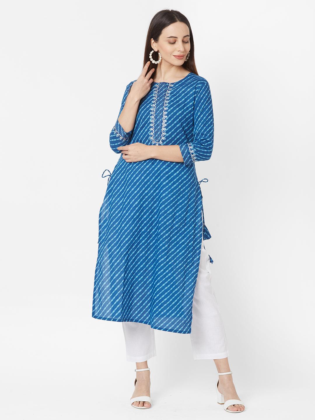 Leheriya Printed & Mirror worked Cotton Kurta with Mask – Indigo Blue - Indiakreations