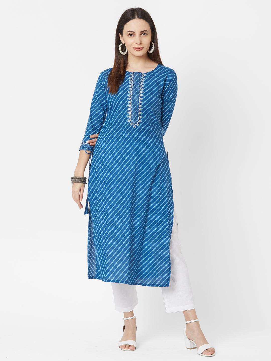 Leheriya Printed & Mirror worked Cotton Kurta with Mask – Indigo Blue - Indiakreations