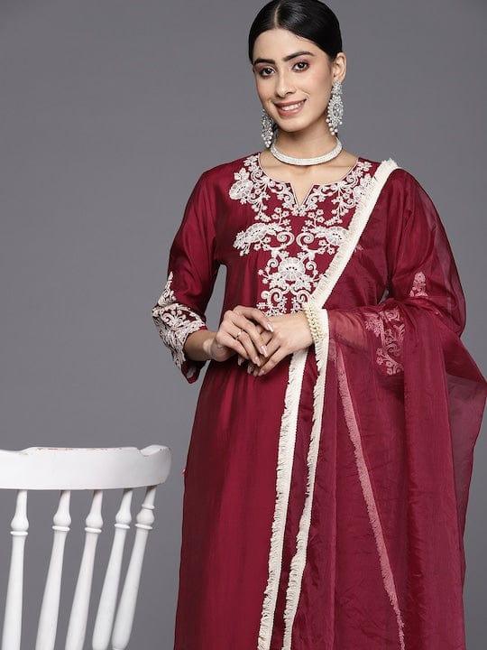 Varanga Women Embroidered Thread Work Kurta With Trousers & Dupatta - Indiakreations