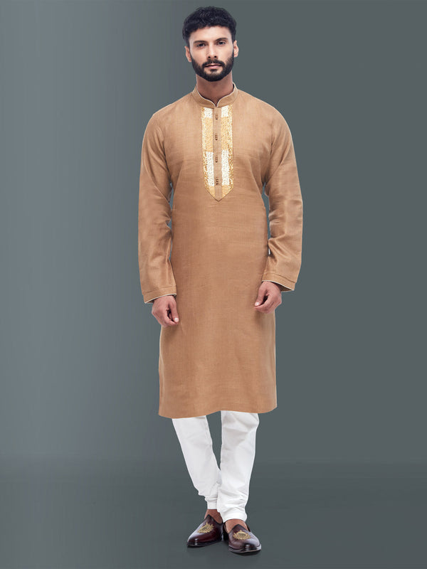 Men Tan Brown Simple Kurta With Neck Work