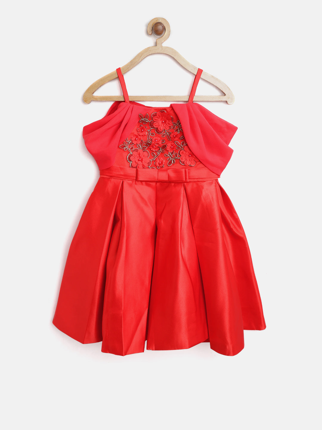 Gilr's Red Pleated And Embellished Party Dress With Beautiful Back Bow - StyleStone Kid