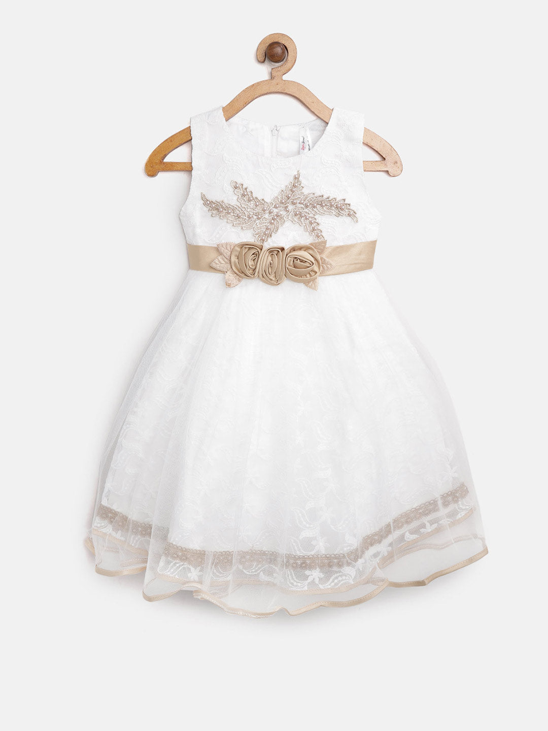 Gilr's White And Dull Gold Embellished And Embroidered Party Dress - StyleStone Kid