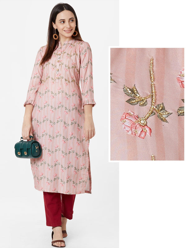 Floral Printed & Self Striped Cotton Kurta – Peach - Indiakreations