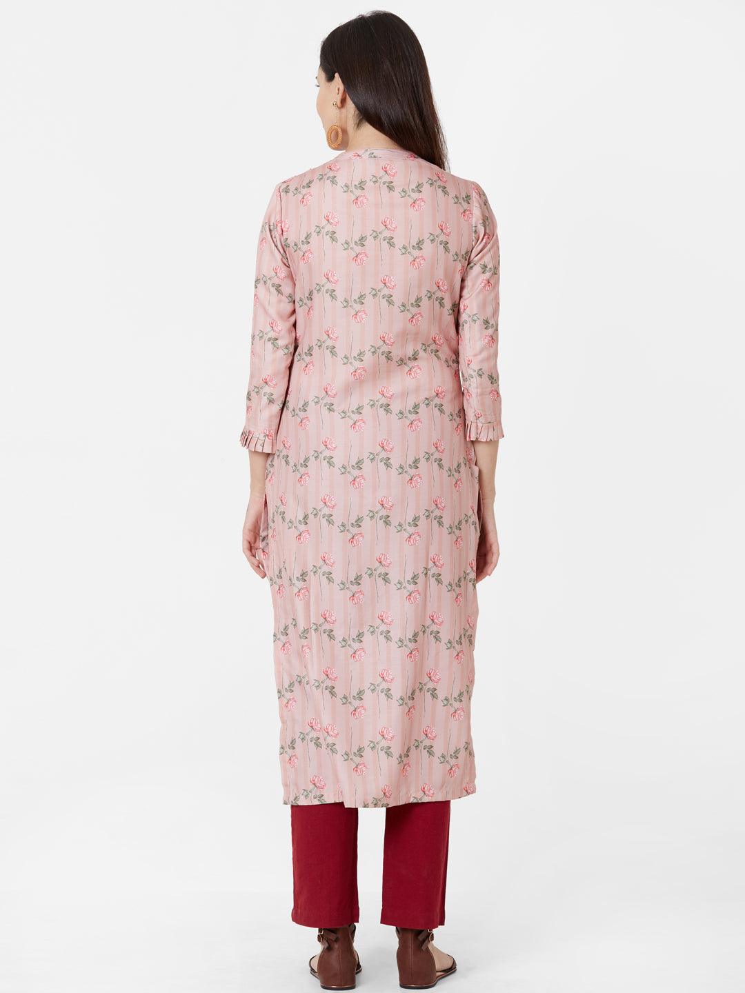 Floral Printed & Self Striped Cotton Kurta – Peach - Indiakreations