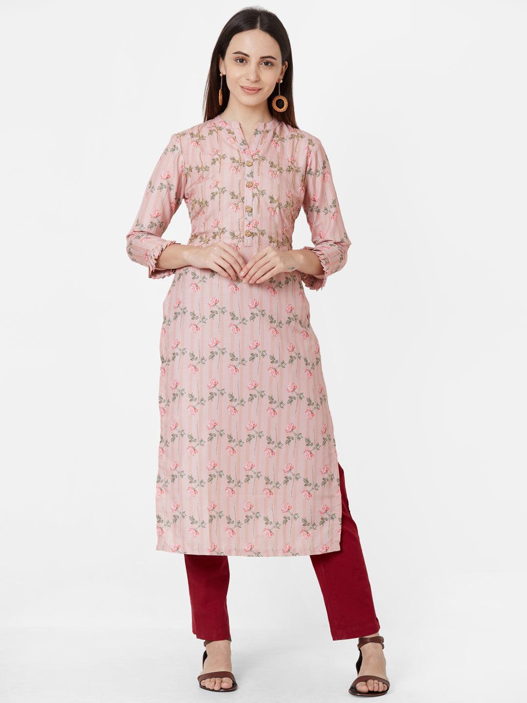 Floral Printed & Self Striped Cotton Kurta – Peach - Indiakreations