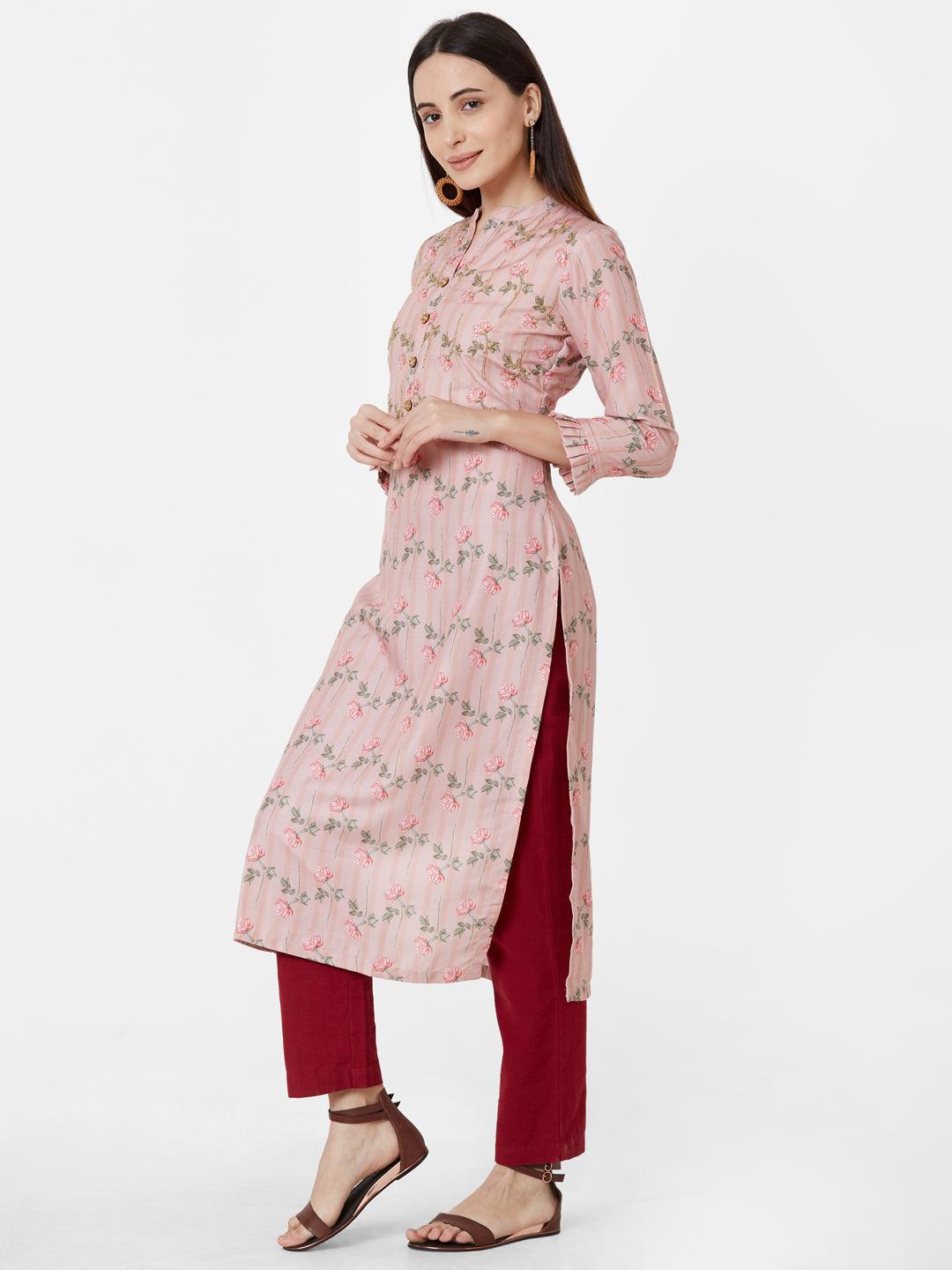 Floral Printed & Self Striped Cotton Kurta – Peach - Indiakreations