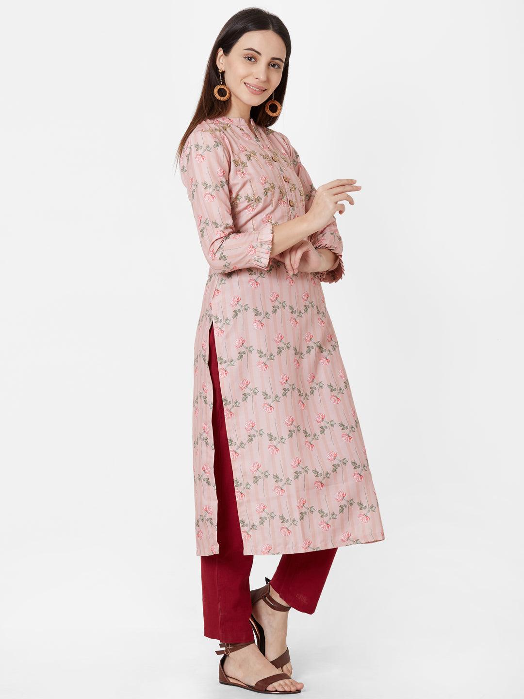 Floral Printed & Self Striped Cotton Kurta – Peach - Indiakreations