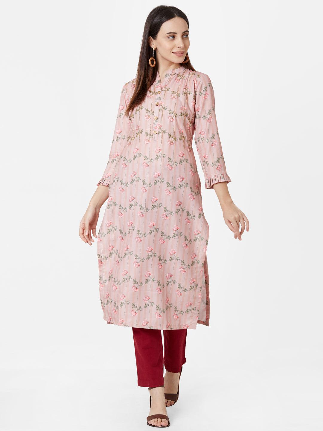 Floral Printed & Self Striped Cotton Kurta – Peach - Indiakreations