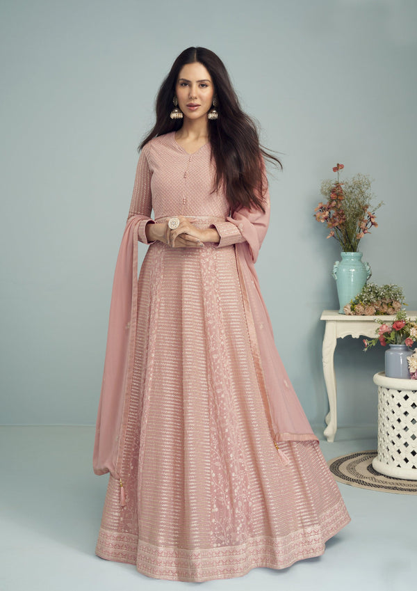 Dusty Pink Color Embroidered Georgette Anarkali Suit - Indiakreations