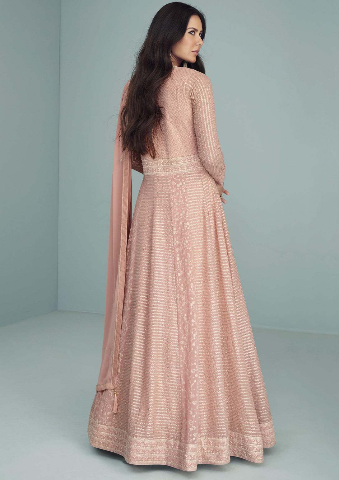 Dusty Pink Color Embroidered Georgette Anarkali Suit - Indiakreations
