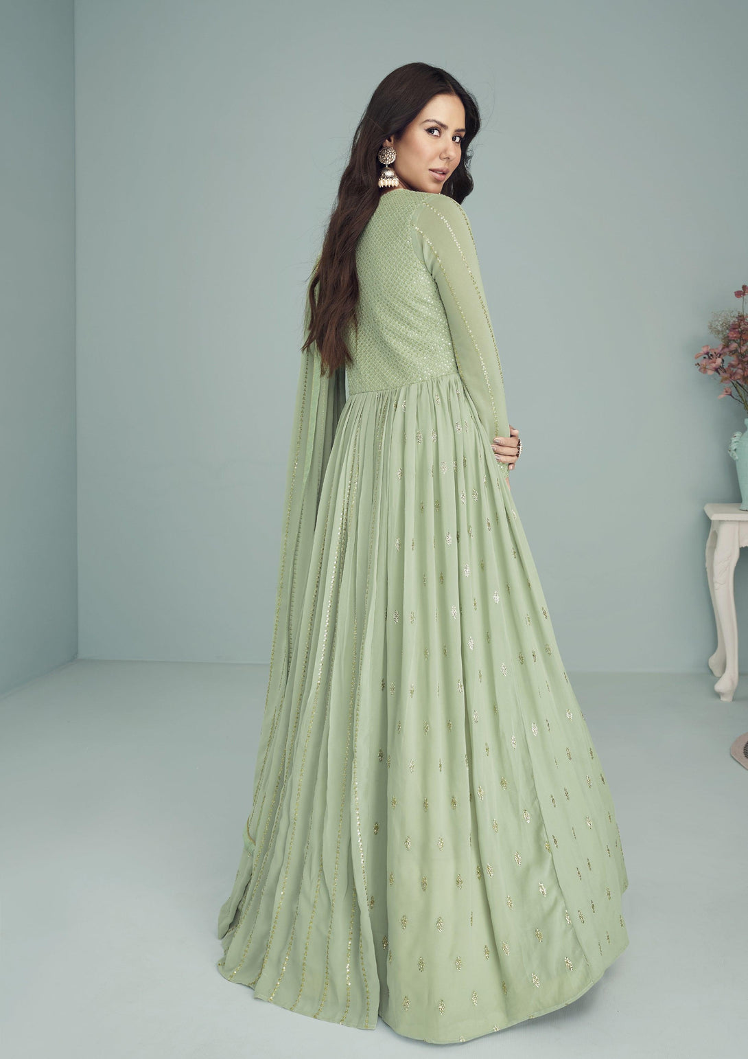 Classic Embroidered Designer Anarkali Suit In Light Green - Indiakreations