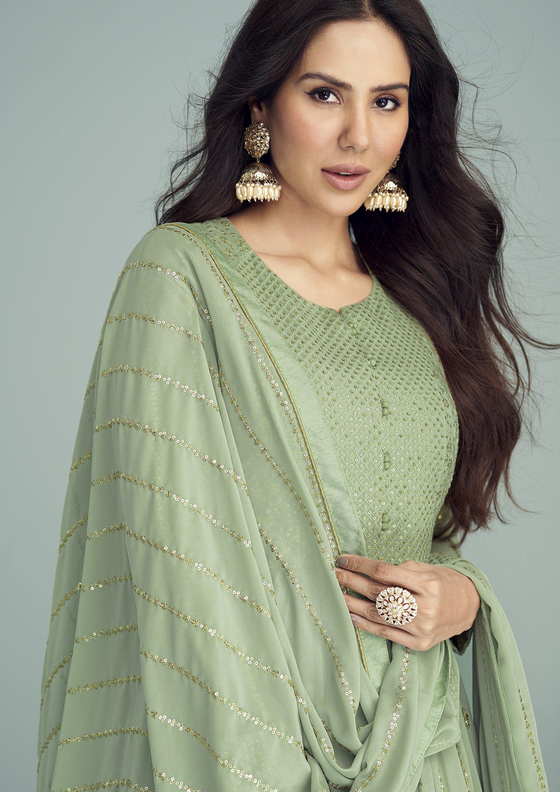 Classic Embroidered Designer Anarkali Suit In Light Green - Indiakreations
