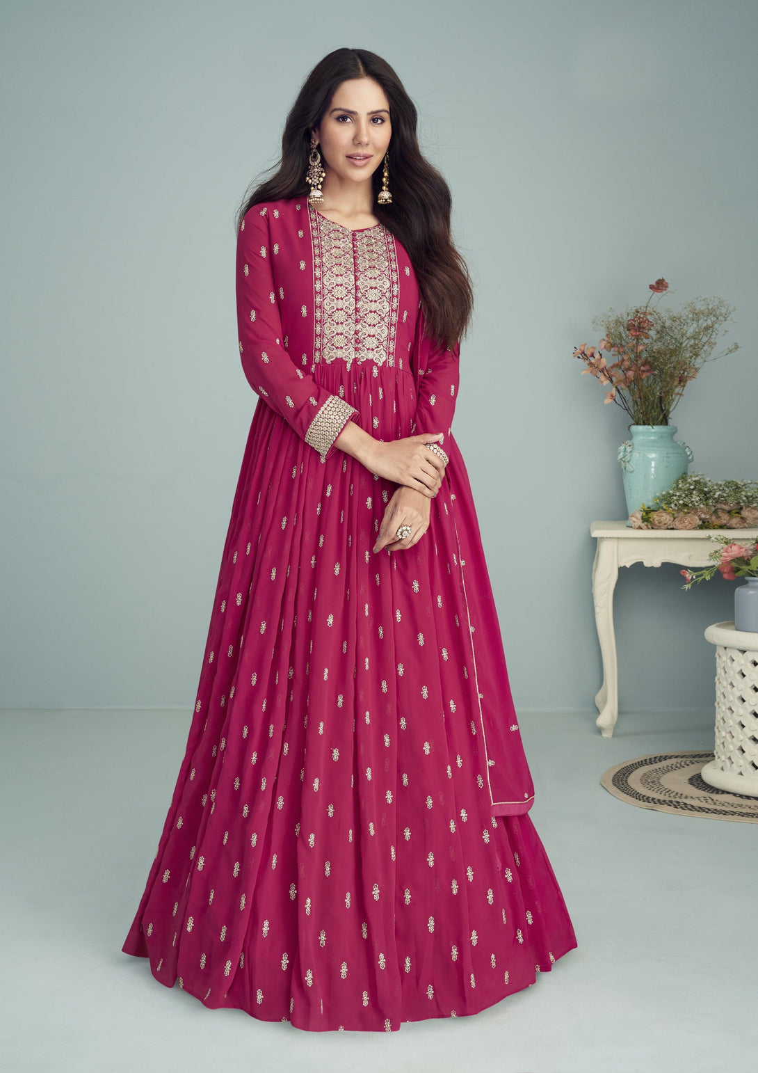 Pink Color Lovely Embroidered Georgette Anarkali Suit - Indiakreations