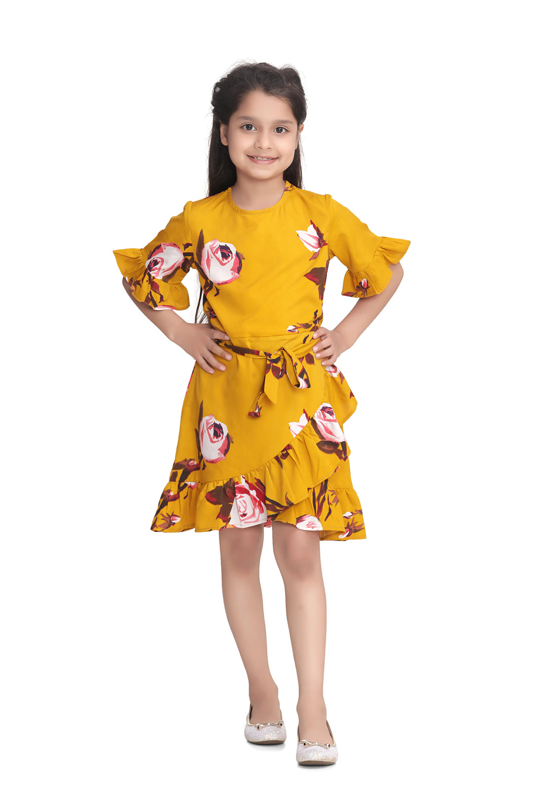 Girl's Mustard Floralprint Dress With Ruffle - StyleStone Kid