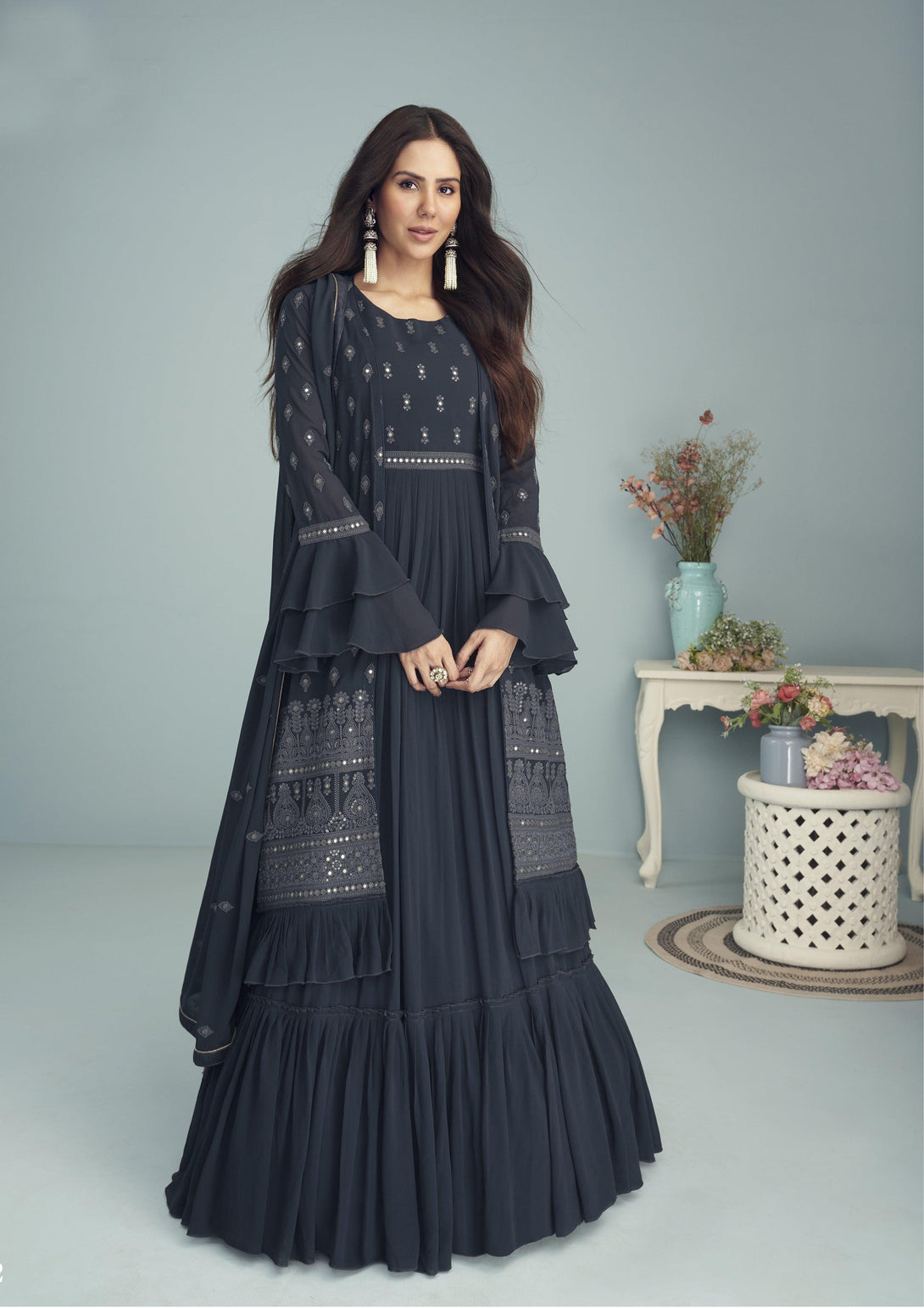Designer Embroidered Georgette Anarkali Suit In Grey - Indiakreations