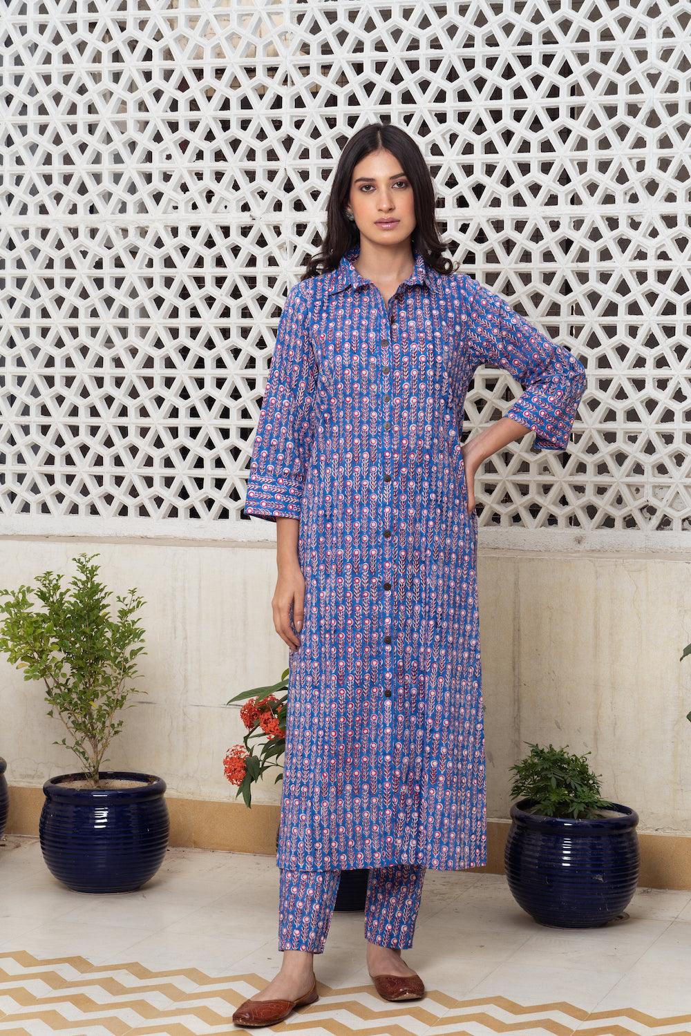 Blue hand block Kurta Set Of 2 - Indiakreations