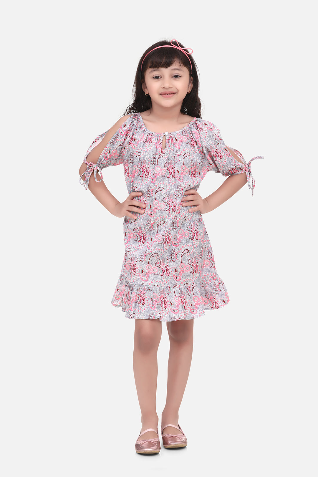 Girl's Cotton Paisley Print Dress With Slit Sleeve - StyleStone Kid