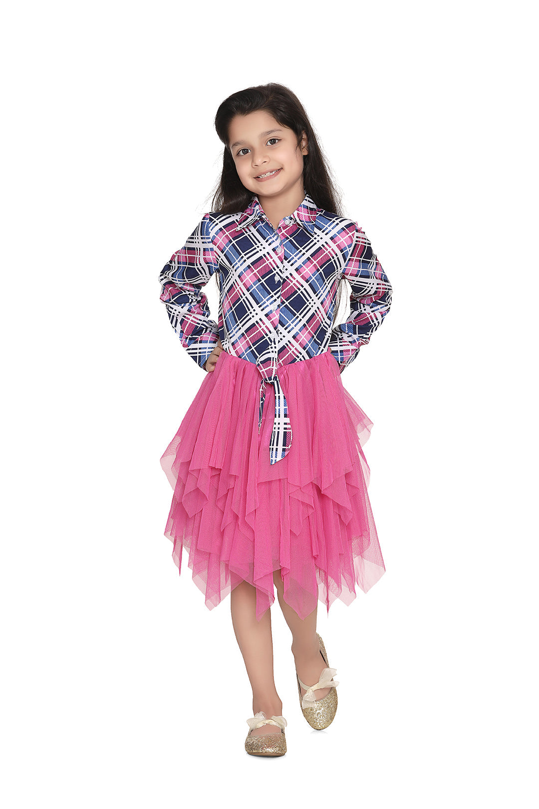 Girl's Polyester Crepe Shirt And Attached Net Tutu Skirt Dress - StyleStone Kid