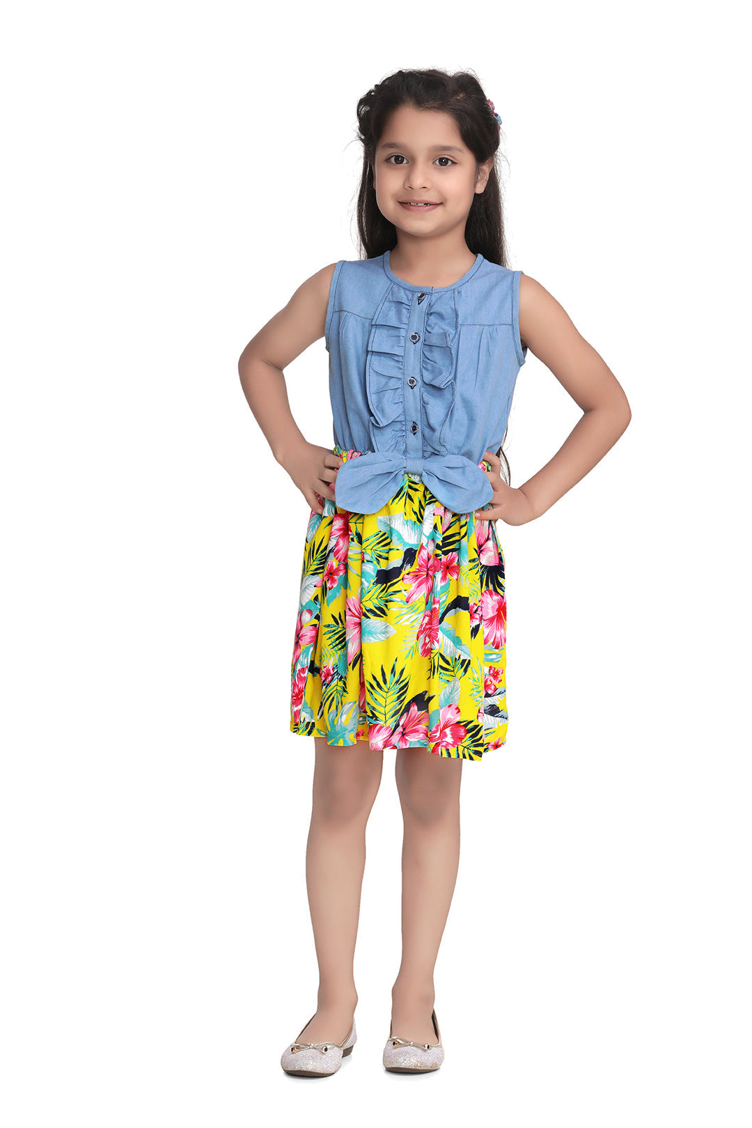 Girl's Denim And Floral Cotton Printed Dress - StyleStone Kid