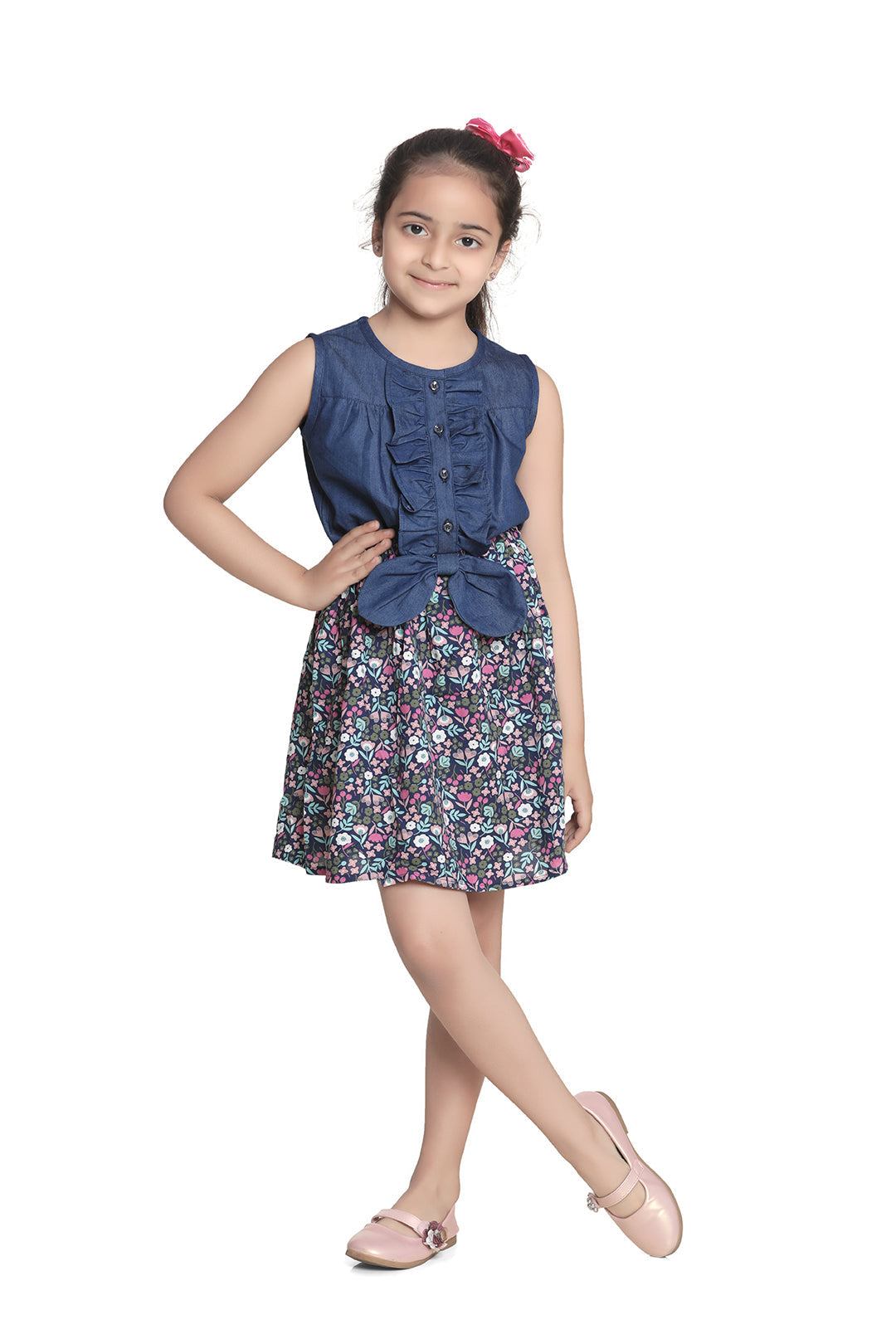 Girl's Denim And Floral Cotton Printed Dress - StyleStone Kid