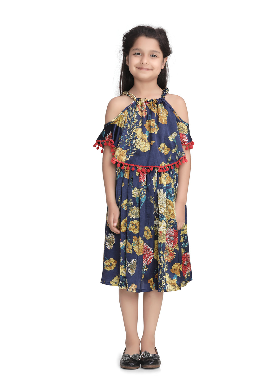 Girl's  Navy Floral Printed Satin Dress With Pom Pom Lace - StyleStone Kid